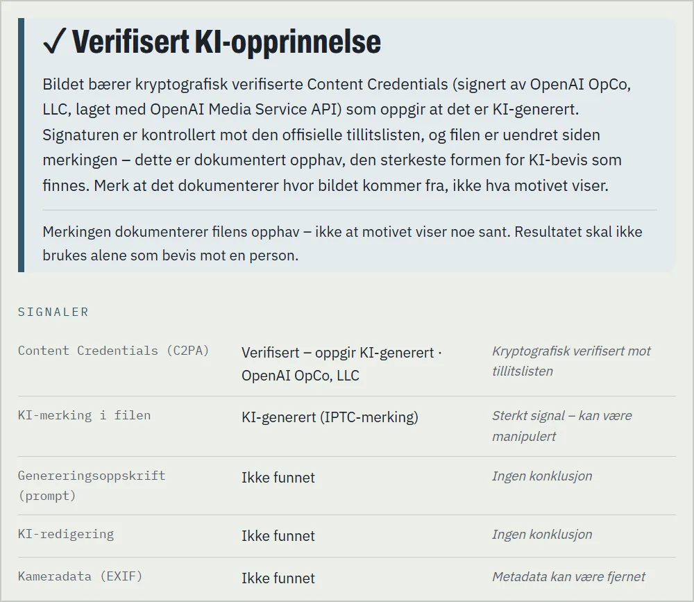 Analyseresultat: Verifisert KI-opprinnelse med kryptografisk verifiserte Content Credentials fra OpenAI