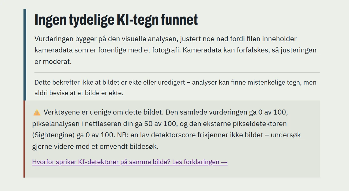 Bildesjekk-resultat for et ekte mobilbilde: Ingen tydelige KI-tegn funnet, med varsel om at lokal pikselanalyse ga 50 mens samlet vurdering og Sightengine ga 0