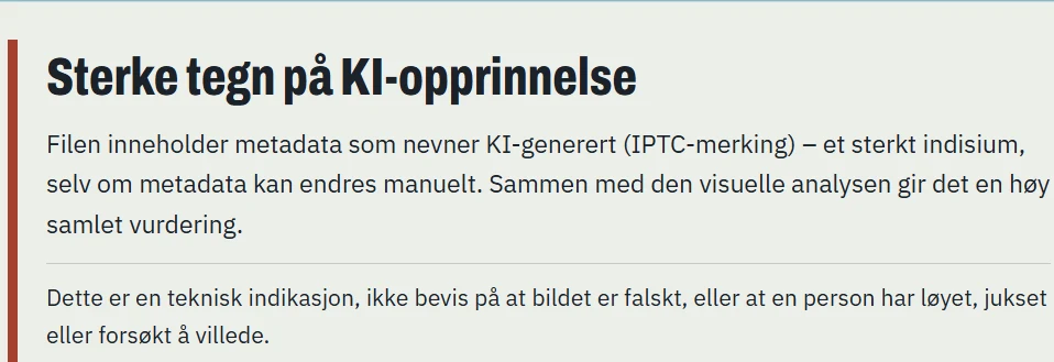 Bildesjekk-resultat: Sterke tegn på KI-opprinnelse fordi filen inneholder IPTC-merking som nevner KI-generert
