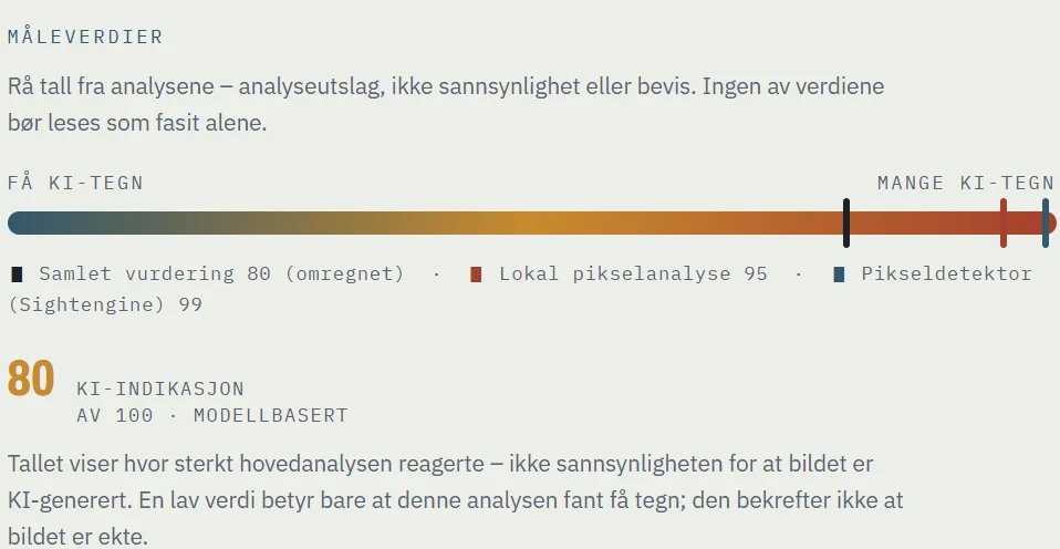 Måleverdier i Bildesjekk: samlet vurdering 80 omregnet, lokal pikselanalyse 95 og pikseldetektor Sightengine 99