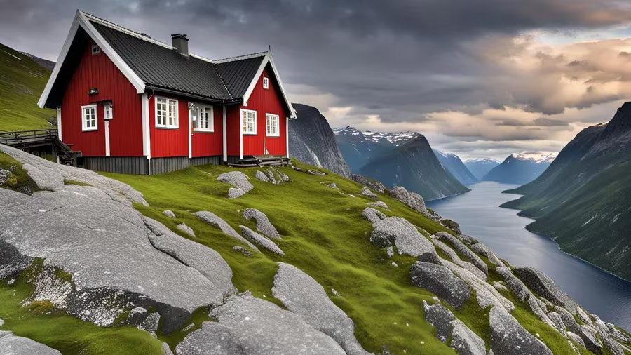 KI-generert norgesbilde: rød hytte over fjord som ikke finnes